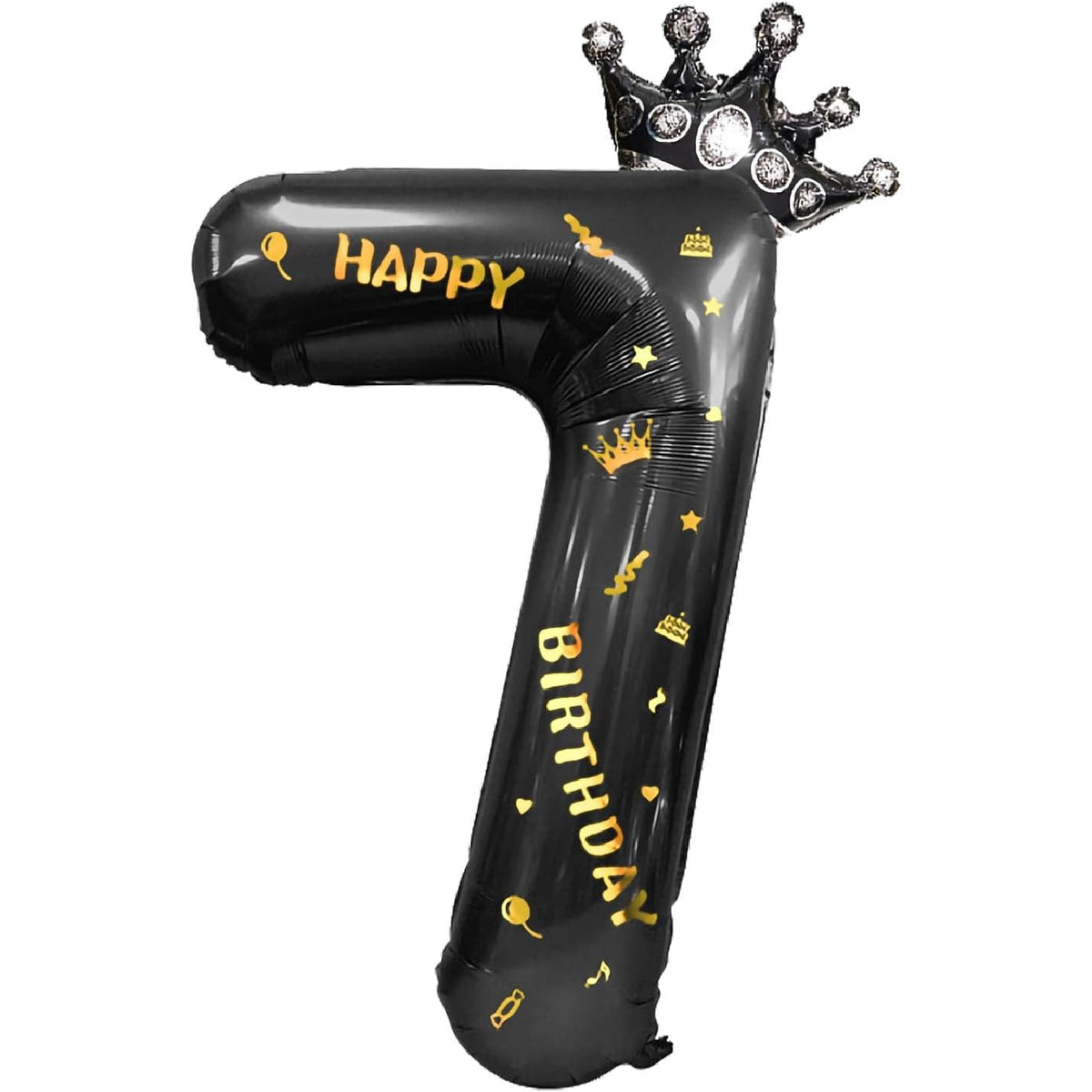 Balon Aniversar Cifra 7 Cu Coroana Si Scris Happy Birthday, Figurina Din Folie Metalizata, Umflare Aer Sau Heliu, 100 cm, Negru