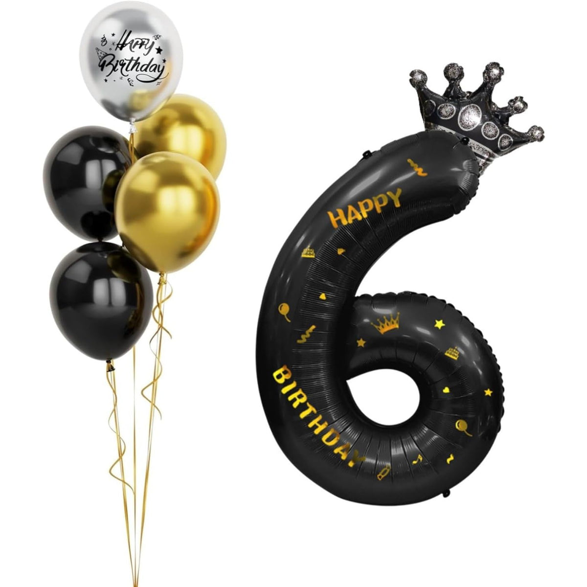 Balon Aniversar Cifra 6 cu Coroana, Folie Metalizata, Imprimeu Happy Birthday, Umflare Aer sau Heliu, Inaltime 100 cm, Negru