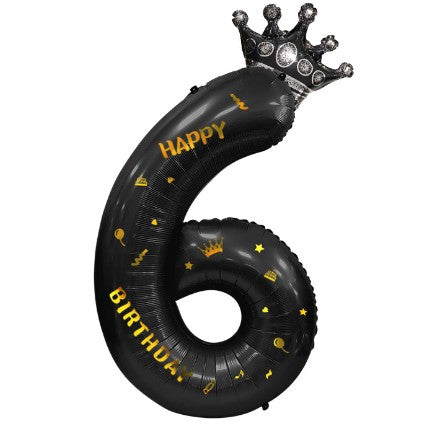 Balon Aniversar Cifra 6 cu Coroana, Folie Metalizata, Imprimeu Happy Birthday, Umflare Aer sau Heliu, Inaltime 100 cm, Negru