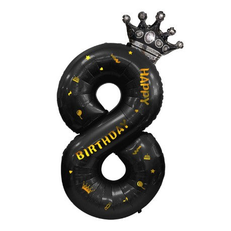 Balon Aniversar Cifra 8 cu Coroana si Scris Happy Birthday, Folie Metalizata, Umflare Aer sau Heliu, 100 cm, Negru