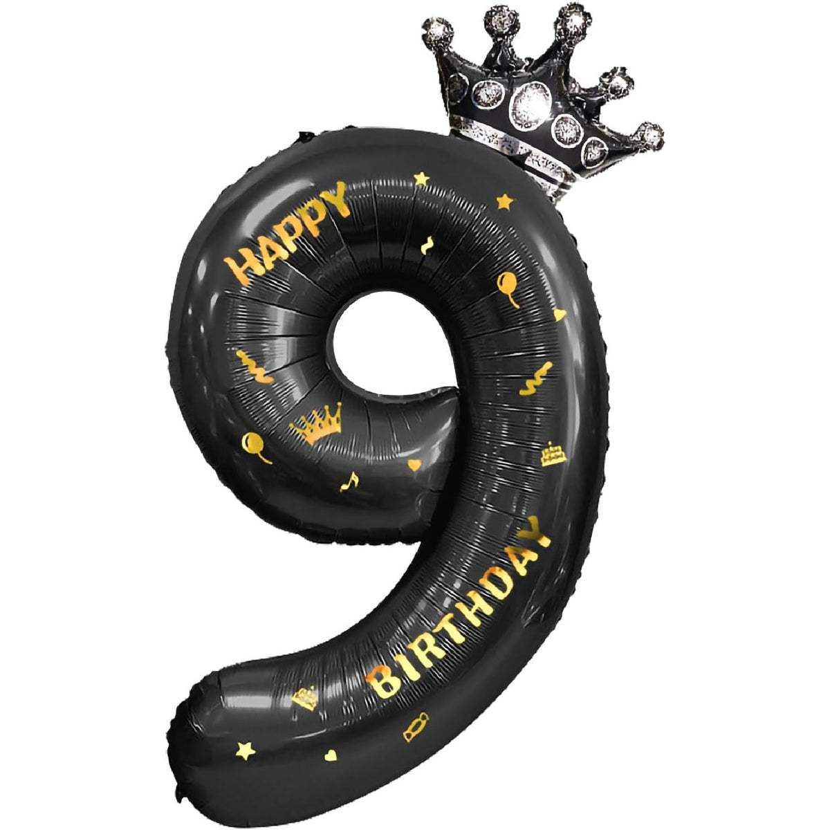 Balon Aniversar Cifra 9 cu Coroana si Scris Happy Birthday, Figurina Gigant din Folie Metalizata, Umflare Aer sau Heliu, 100 cm, Negru