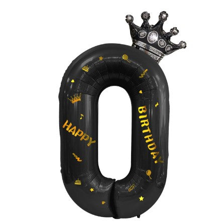 Balon Aniversar Cifra 0 cu Coroana si Scris Happy Birthday, Figurina Gigant din Folie Metalizata, Umflare Aer sau Heliu, 100 cm, Negru
