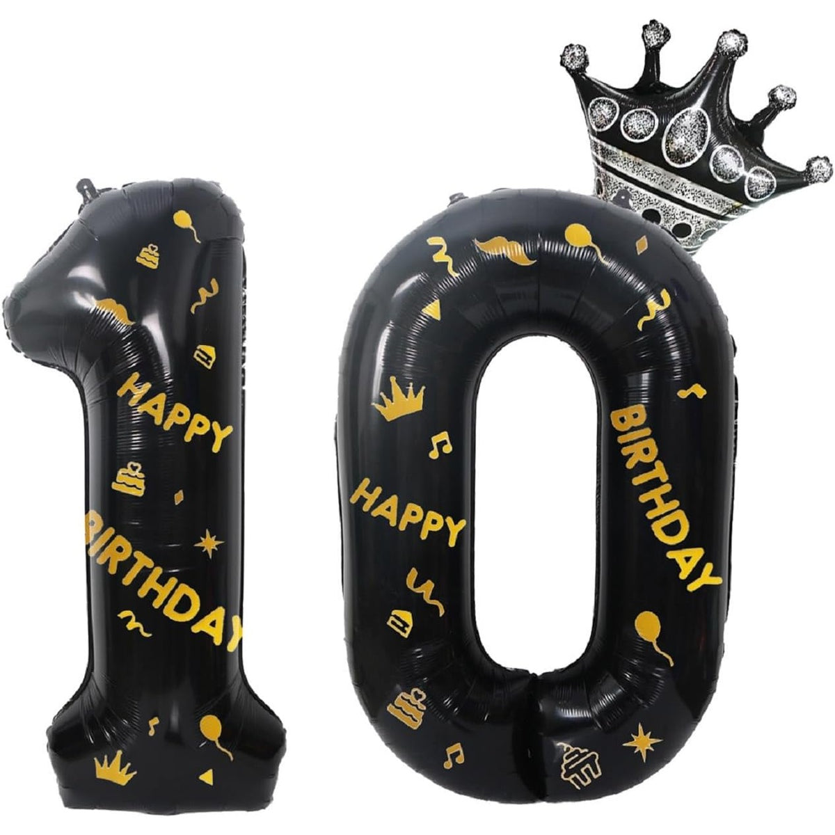 Balon Aniversar Cifra 0 cu Coroana si Scris Happy Birthday, Figurina Gigant din Folie Metalizata, Umflare Aer sau Heliu, 100 cm, Negru