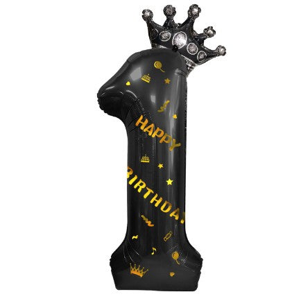 Balon Aniversar Cifra 1, Figurina cu Coroana si Scris Happy Birthday, Folie Metalizata, Umflare Aer sau Heliu, Inaltime 100 cm, Negru