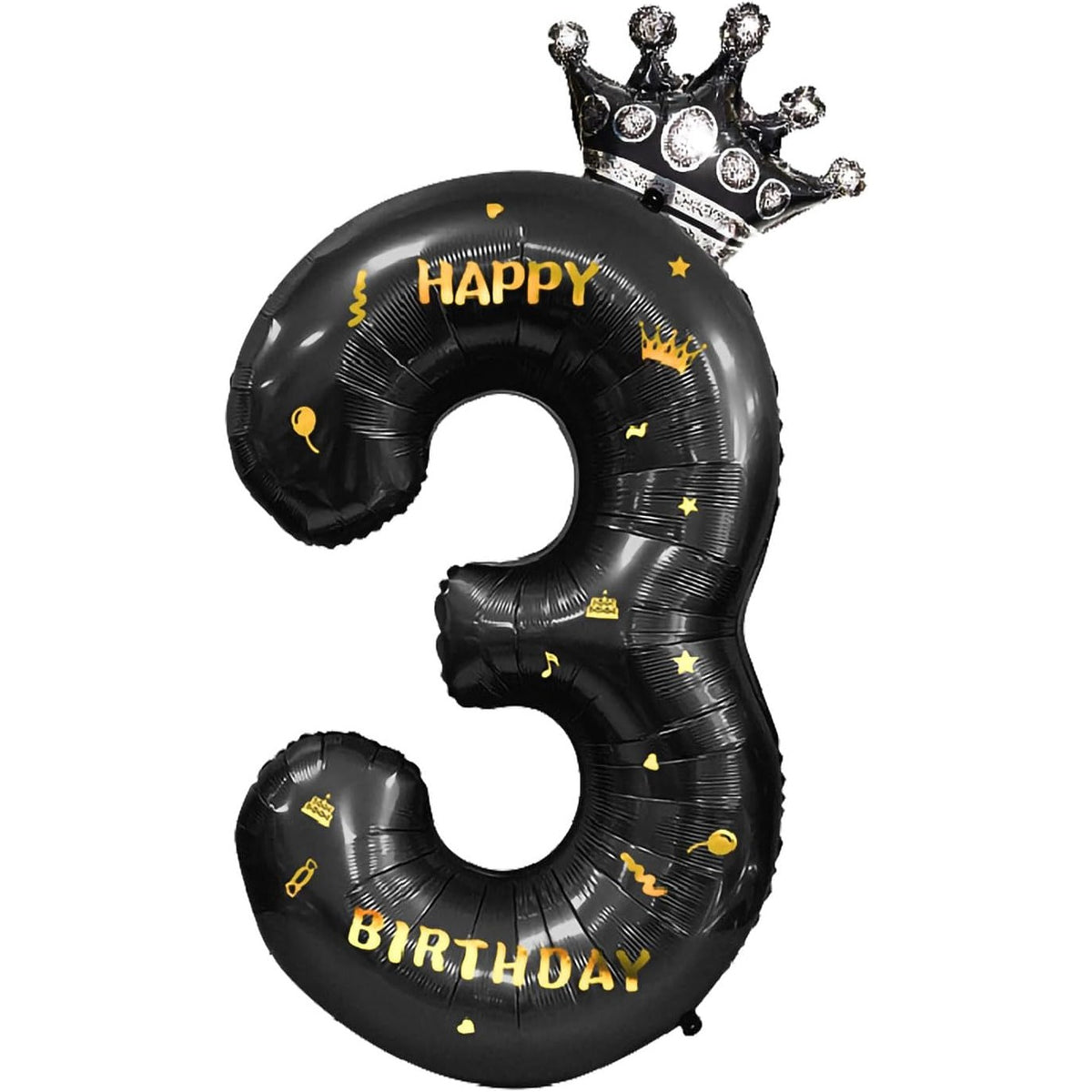 Balon Aniversar Cifra 3 cu Coroana, Folie Metalizata, Model Happy Birthday, Umflare Aer sau Heliu, Inaltime 100 cm, Pai Inclus, Negru