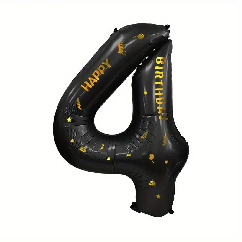 Balon Aniversar Cifra 4, Imprimeu Happy Birthday, Folie Metalizata, Umflare Aer sau Heliu, Inaltime 100 cm, Negru, Pai Inclus