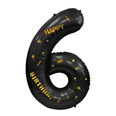 Balon Aniversar Cifra 6, Figurina cu Mesaj Happy Birthday, Folie Metalizata, Compatibil Aer sau Heliu, 100 cm, Negru