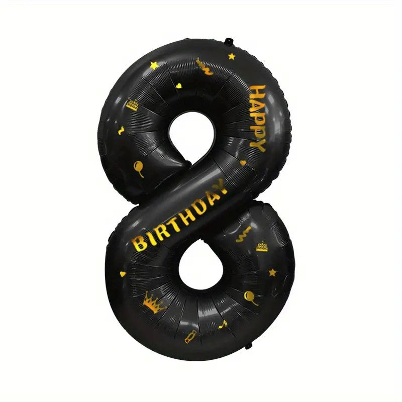 Balon Aniversar Cifra 8, Figurina din Folie Metalizata, Imprimeu Happy Birthday, Umflare Aer sau Heliu, Inaltime 100 cm, Pai Inclus, Negru