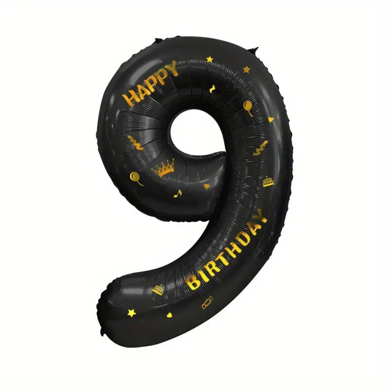 Balon Aniversar Cifra 9, Figurina Gigant Happy Birthday, Folie Metalizata, Umflare Aer sau Heliu, 100 cm, Negru