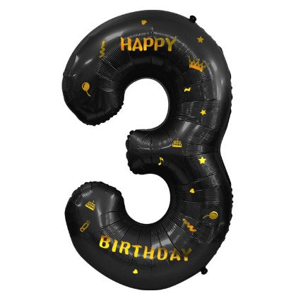 Balon Aniversar Cifra 3, Figurina Gigant cu Mesaj Happy Birthday, Folie de Aluminiu, Umflare Aer sau Heliu, include Pai, 100 cm, Negru