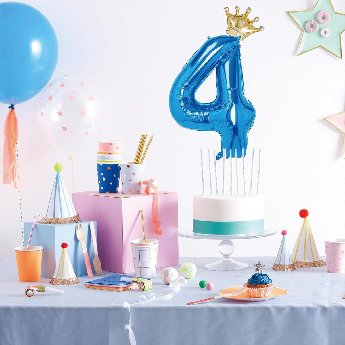 Balon Aniversar Cifra 4 cu Coroana, Figurina Gigant pentru Petrecere, Folie de Aluminiu, Umflare Aer sau Heliu, 100 cm, Albastru