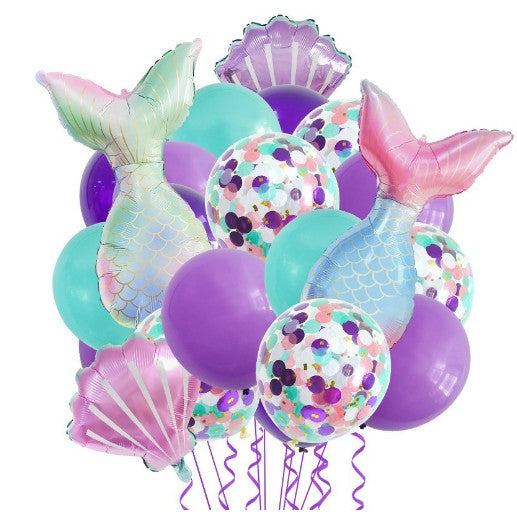 Set 22 Baloane Decorative Aqua Sirene, Kit Petrecere Tematică cu Figurini Sirene și Scoici, Folie Aluminiu și Latex, Include Adeziv și Pai, 50 x 85 cm, Mov Multicolor