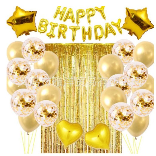 Set 24 Baloane Aniversare din Folie si Latex, Kit Decoratiuni Petrecere cu Baloane cu Paiete si Perdea Decorativa 1x2 m, Include Panglica, Auriu