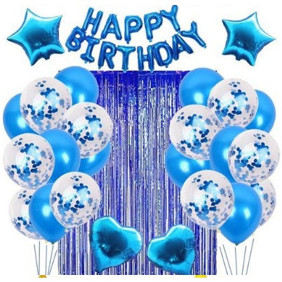 Set 24 Baloane Petrecere din Folie si Latex, Include Baloane cu Confeti, 1 Rola Ribon, Perdea Decorativa 1x2 m, Albastru
