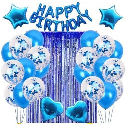 Set 24 Baloane Petrecere din Folie si Latex, Include Baloane cu Confeti, 1 Rola Ribon, Perdea Decorativa 1x2 m, Albastru