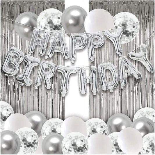 Set 24 Baloane Petrecere, Latex cu Paiete si Folie Aluminiu, Include Perdea Decorativa 1x2 m si Ribon, Argintiu