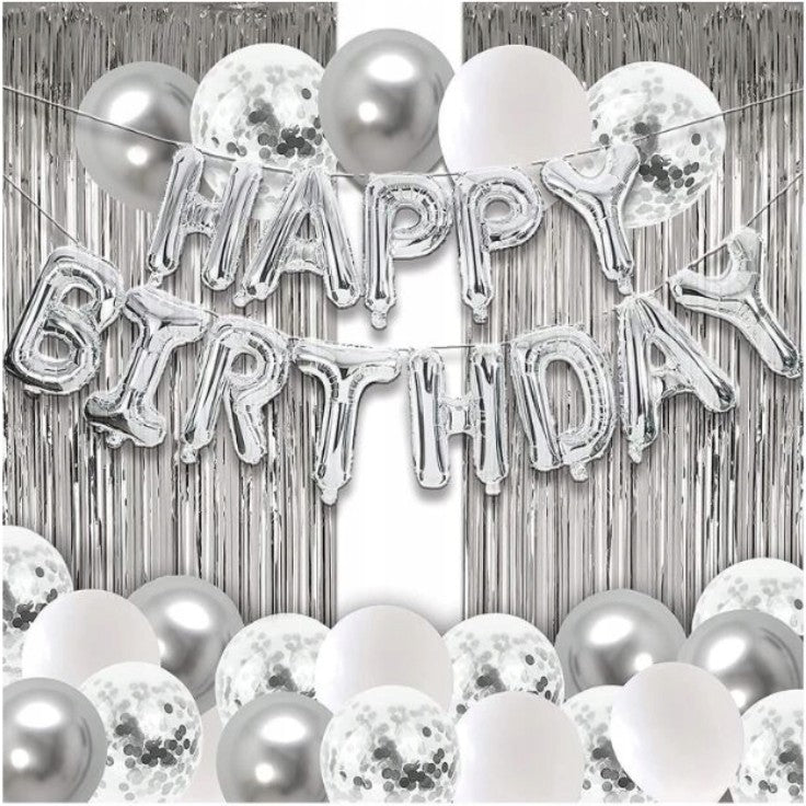 Set 24 Baloane Petrecere, Latex cu Paiete si Folie Aluminiu, Include Perdea Decorativa 1x2 m si Ribon, Argintiu