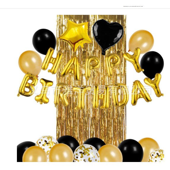 Set 24 Baloane Petrecere din Latex si Folie, Include 10 Baloane cu Paiete si Perdea Decorativa 1x2 m, Accesorii Ribon, Auriu si Negru