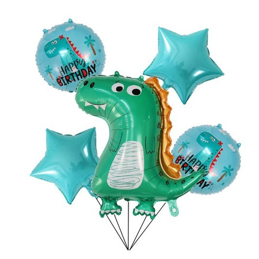 Set 5 Baloane Aniversare Dinozaur, Tematică Happy Birthday cu Steluțe, Folie Aluminiu, 50-70 cm, Albastru