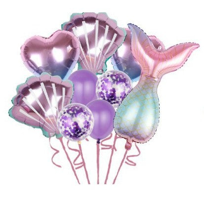 Set 9 Baloane Aniversare Tematica Sirena, Accesorii Decor Petrecere Fetite, 5 Baloane Folie si 4 Baloane Latex, Mov Metalizat