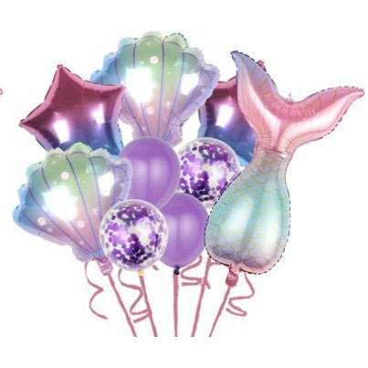 Set Baloane Aniversare Fetita, Tematica Sirena, 5 Baloane Folie si 4 Baloane Latex, Modele Stele, Mov Gradient, Set 9 Piese