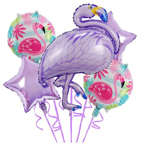 Set 5 Baloane Aniversare Flamingo Party, Decoratiuni Petrecere din Folie Aluminiu si Latex, Include 1 Balon Flamingo Gigant, 2 Stele, 2 Baloane Rotunde, 60 x 90 cm, Mov