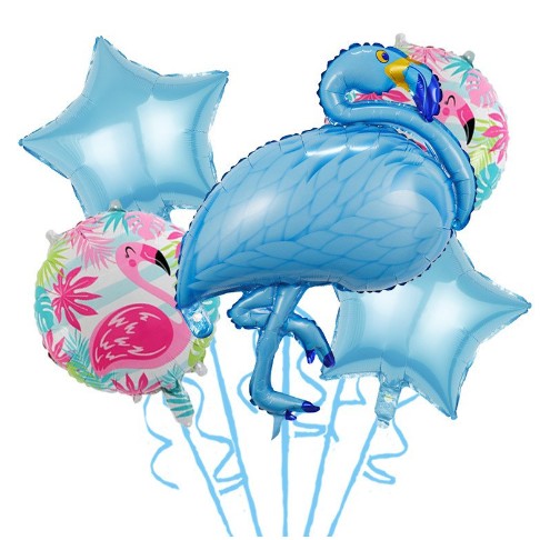Set 5 Baloane Aniversare Flamingo Party, Decoratiuni Petrecere din Folie Aluminiu si Latex, Include 2 Stele si 2 Baloane Rotunde, 60-90 cm, Albastru
