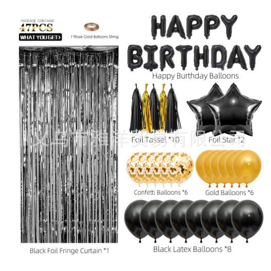 Set Decoratiuni Petrecere Happy Birthday, 47 Piese, Baloane Latex si Folie cu Perdea si Ciucuri, Negru si Auriu