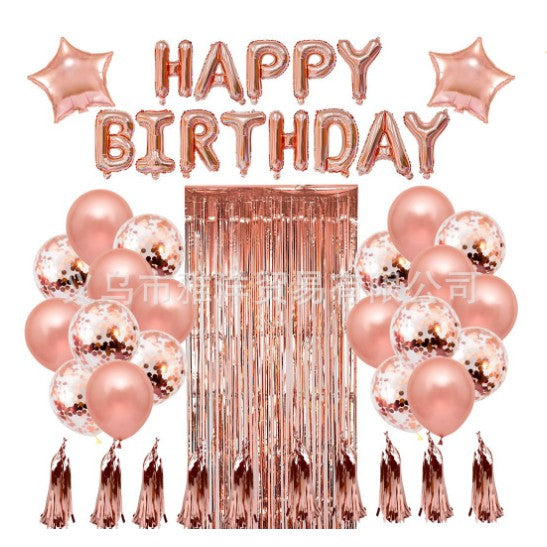 Set Decoratiuni Petrecere Happy Birthday, 47 Piese, Baloane Latex si Folie cu Perdea Sclipitoare si Ciucuri, Galben, Negru si Rose Gold