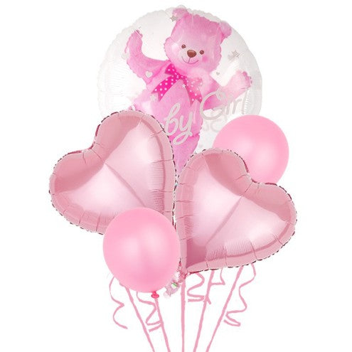Set 5 Baloane Aniversare Baby Girl, Figurina Ursuleț cu Inimi și Baloane Latex, Folie de Aluminiu, 60 cm, Roz