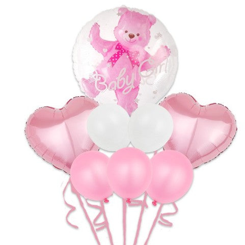 Set 8 Baloane Aniversare Baby Girl, Figurina Urs si Inimi din Folie, Baloane Latex, Roz, 60 cm
