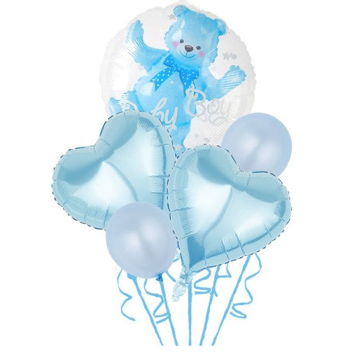 Set Baloane Aniversare Baby Boy, Model Ursuleț și Inimi, Folie și Latex, 5 Piese, 60 cm, Albastru
