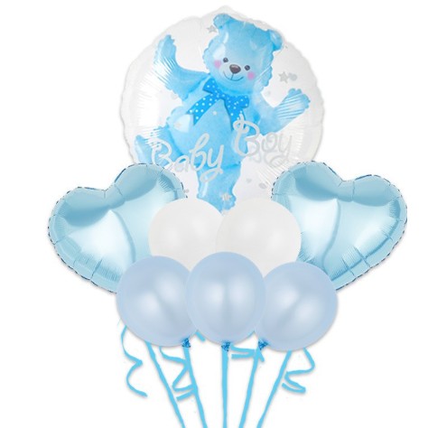 Set Baloane Aniversare Baby Boy, Tematică Ursuleț, Folie și Latex, Albastru, Set 8 Piese