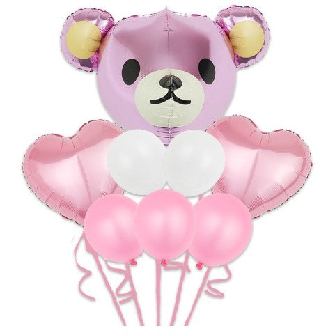Set 8 Baloane Aniversare Baby Girl, Figurina Urs Mare, Inimi Folie si Latex, Roz, 60 cm