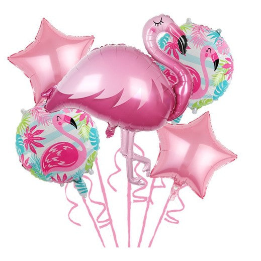 Set 5 Baloane Aniversare Flamingo Party, Decoratiuni Petrecere din Folie Aluminiu si Latex, Include 1 Figurina Gigant, 2 Stele, 2 Baloane Rotunde, Accesoriu Adeziv si Pai, 60 x 90 cm, Rose Gold