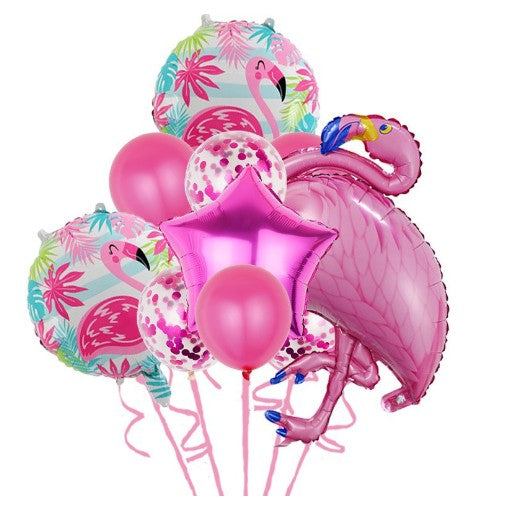 Set 10 Baloane Aniversare Flamingo Party, Decoratiuni Petrecere din Folie Aluminiu si Latex, 1 Figurina Flamingo, 1 Stea, 2 Baloane Rotunde, 5 Baloane Latex, 60-90 cm, Roz