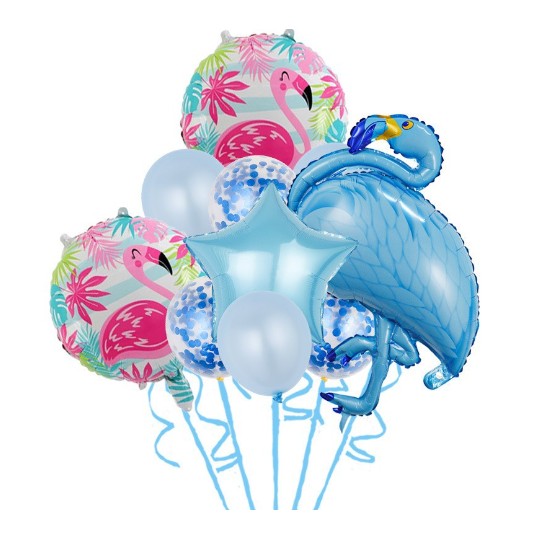 Set 10 Baloane Aniversare Flamingo Party, Decoratiuni Petrecere din Folie Aluminiu si Latex, Dimensiuni 60-90 cm, Albastru