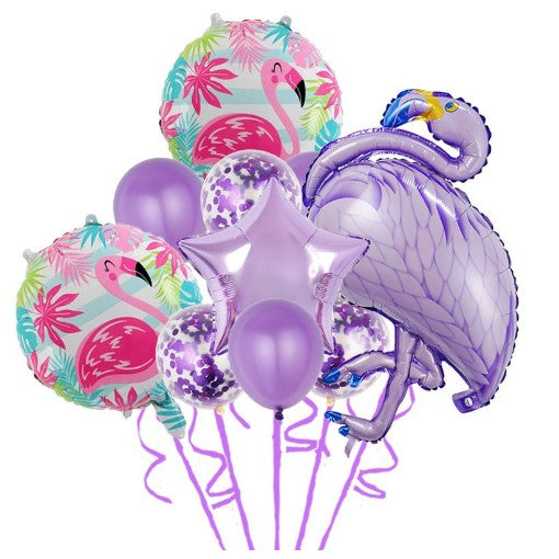 Set 10 Baloane Party Aniversare Flamingo, Folie Aluminiu si Latex, 1 Figurina Flamingo, 1 Stea, 2 Rotunde, 5 Latex, 60-90 cm, Mov
