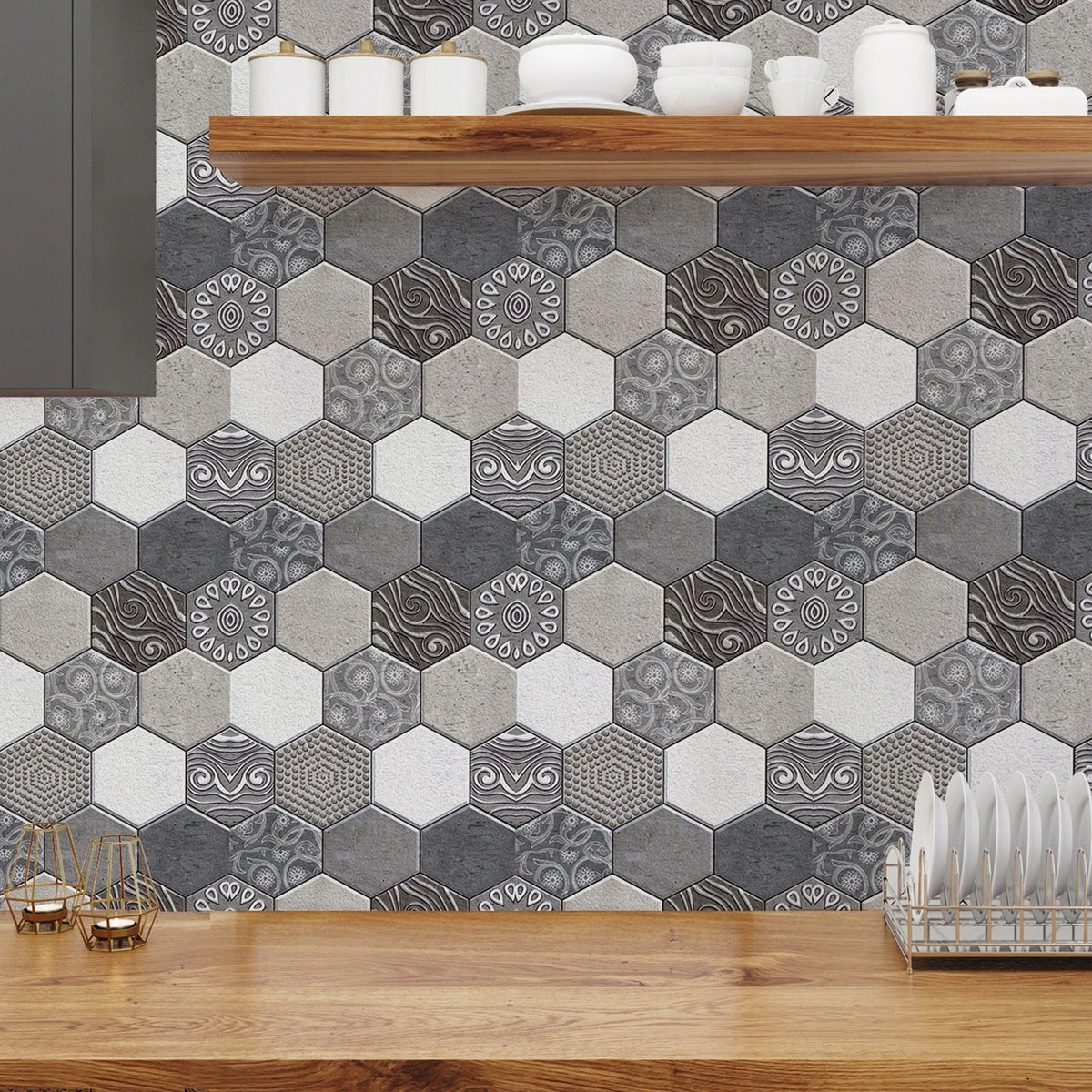 Tapet Autocolant 3D, Placi Autoadezive cu Model Marmura Hexagonala, Panouri Decorative Impermeabile pentru Bucatarie si Sufragerie, Textura Piatra Culturala, 10 Bucati, 30x30 cm