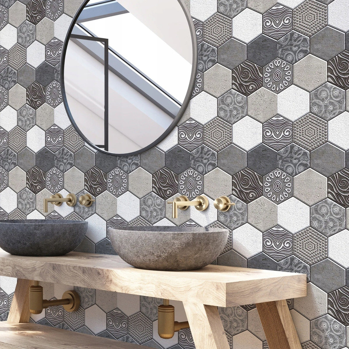 Tapet Autocolant 3D, Placi Autoadezive cu Model Marmura Hexagonala, Panouri Decorative Impermeabile pentru Bucatarie si Sufragerie, Textura Piatra Culturala, 10 Bucati, 30x30 cm