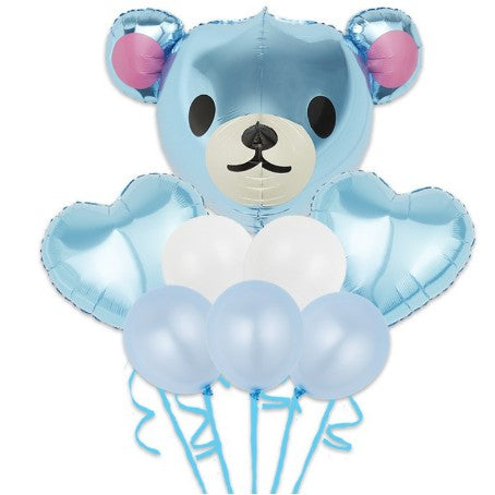 Set Baloane Aniversare Baby Boy, Model Urs Mare cu Inimi din Folie și Baloane Latex, 8 Bucăți, 60 cm, Albastru
