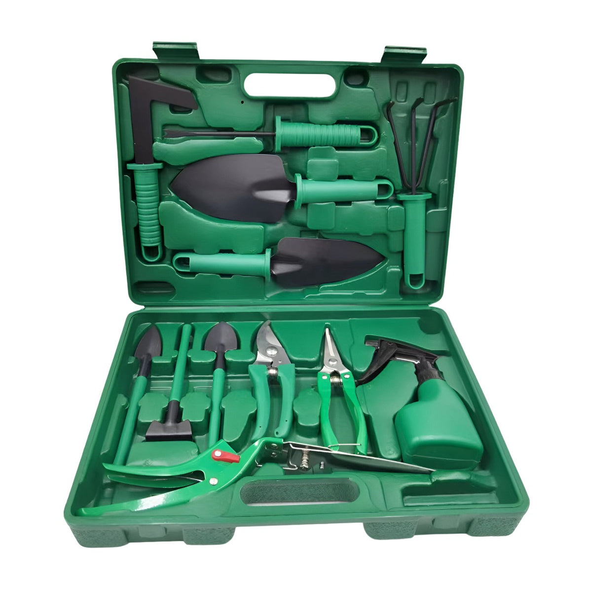 Set Unelte Gradinarit Pentru Plantare Si Ingrijire Plante, Accesorii Gradina Cu Maner Ergonomic, Otel Si Plastic, 12 Piese Cu Cutie Depozitare, 37x28 cm, Verde