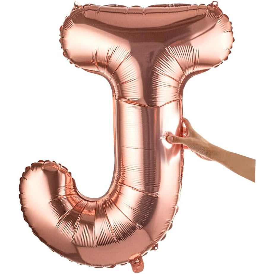 Balon Folie Metalizata Litera J, Decoratiune Aniversara pentru Aer sau Heliu, Folie Aluminiu cu Pai Inclus, Rose Gold, 80 cm
