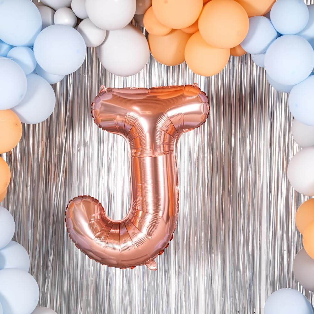 Balon Folie Metalizata Litera J, Decoratiune Aniversara pentru Aer sau Heliu, Folie Aluminiu cu Pai Inclus, Rose Gold, 80 cm