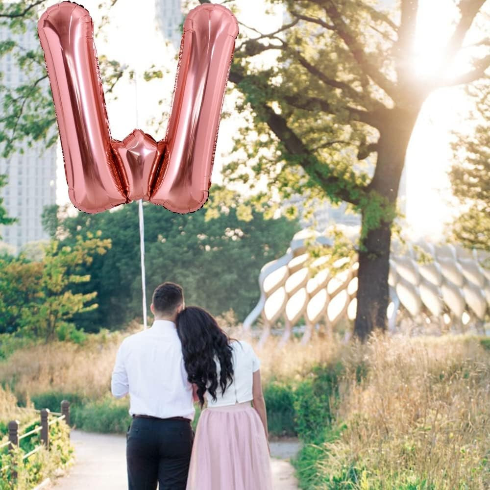 Balon Folie Metalizata Litera W, Decoratiune Petrecere Aniversara, Compatibil Heliu sau Aer, Include Pai de Umflare, Aluminiu, 80 cm, Rose Gold