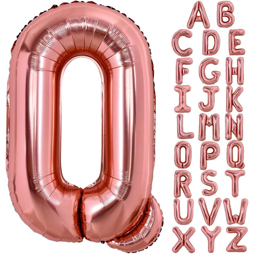 Balon Folie Metalizata Litera Q, Umflare Heliu sau Aer, Aluminiu Rezistent, Pai Inclus pentru Petrecere, 80 cm, Rose Gold