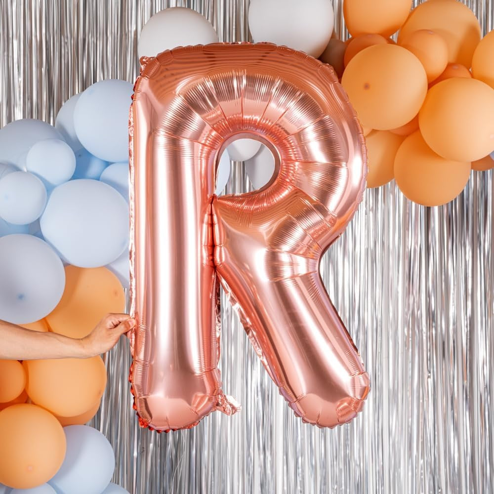 Balon Folie Metalizata Litera R, Umflare Heliu sau Aer, Material Rezistent cu Pai Inclus, Decor Petrecere, Rose Gold, 80 cm