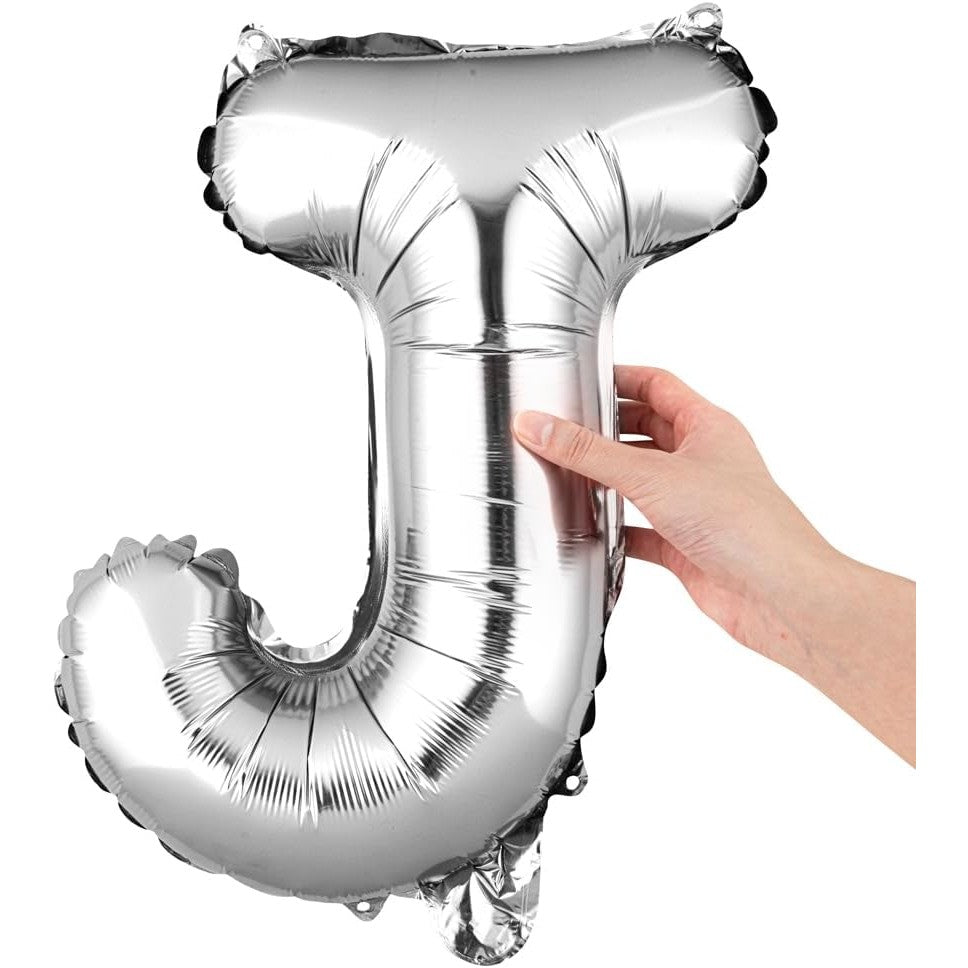 Balon Folie Metalizata Litera J, Decoratiuni Petrecere, Umflare Heliu sau Aer, Aluminiu, Inclus Pai, 80 cm, Argintiu
