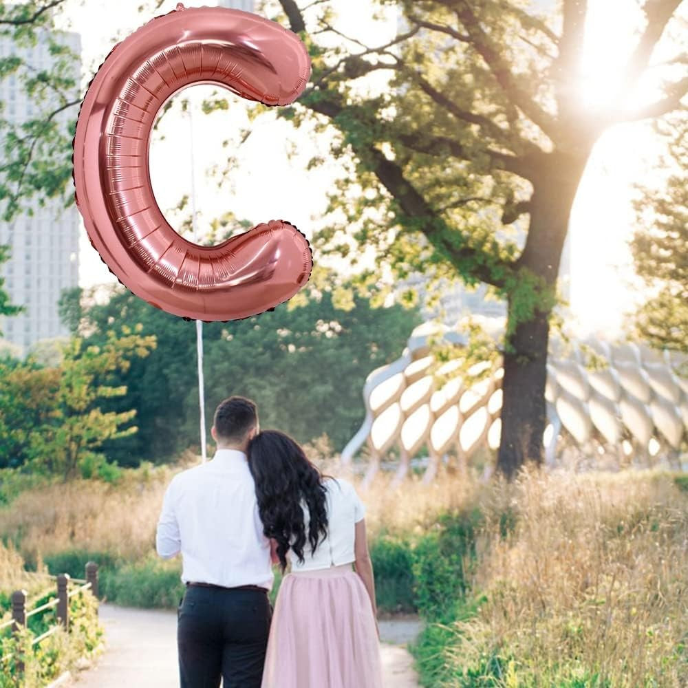 Balon Folie Metalizata Litera C, Model Aniversar Pentru Aer sau Heliu, Folie Aluminiu Rezistenta, Include Pai Umflare, 80 cm, Rose Gold