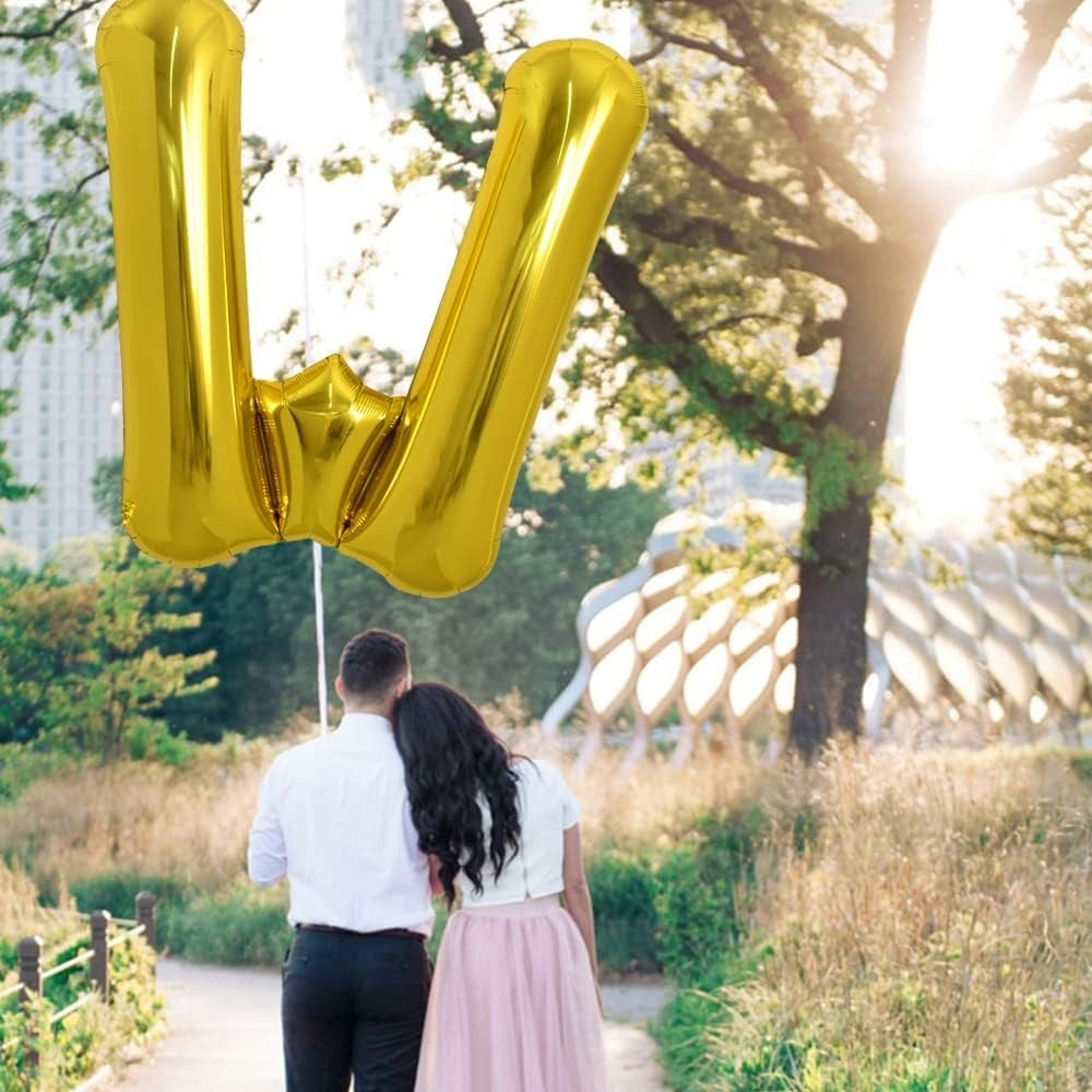 Balon Folie Metalizata Litera W, Decoratiune Petrecere Aniversara, Compatibil Heliu sau Aer, Include Pai Umflare, Aluminiu, 80 cm, Auriu